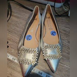 Mariana Metallic Silver Pointed Flats with Crystal Buckle